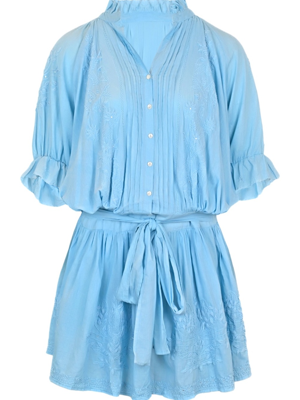 Juliet Dunn Light Blue Ruffled Neck Mini Dress